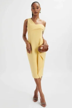 Hannah Pleated Asymmetric Off Shoulder Midi Dress In Pastel Yellow<Lavish Alice Fashion