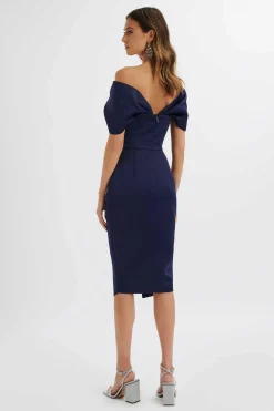 Harleen Draped Bardot Bonded Satin Midi Dress In Navy<Lavish Alice Cheap