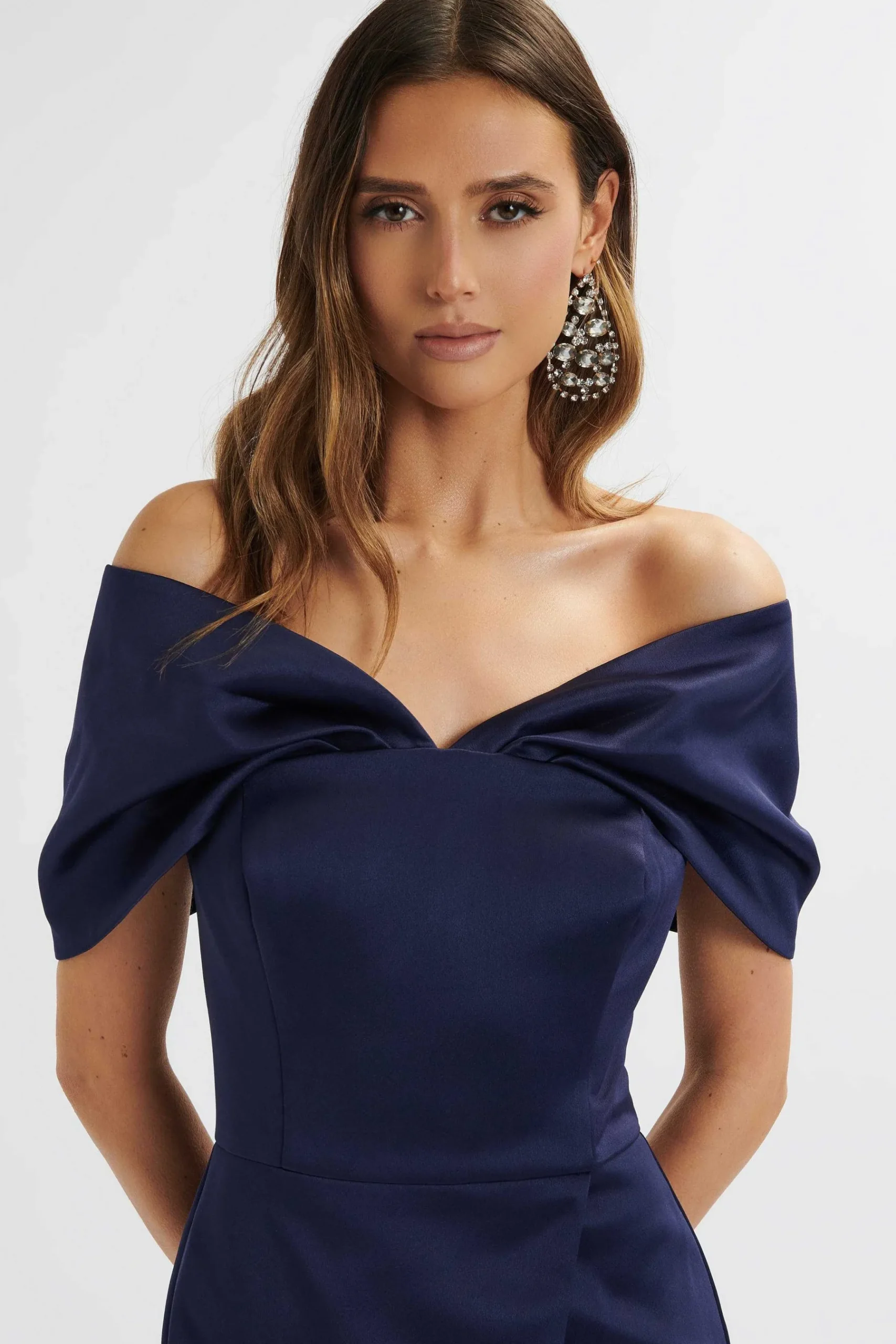 Harleen Draped Bardot Bonded Satin Midi Dress In Navy<Lavish Alice Cheap