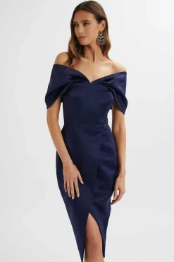 Harleen Draped Bardot Bonded Satin Midi Dress In Navy<Lavish Alice Cheap