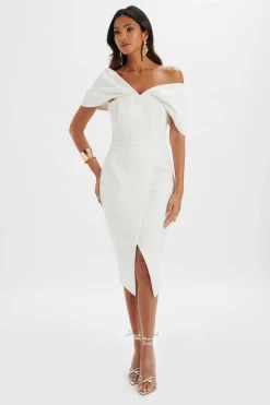 Harleen Draped Bardot Bonded Satin Midi Dress In White<Lavish Alice Fashion