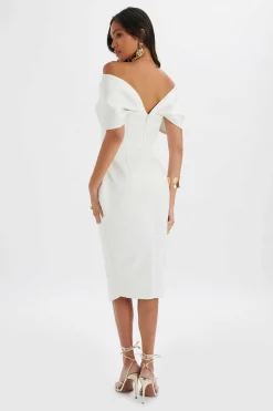 Harleen Draped Bardot Bonded Satin Midi Dress In White<Lavish Alice Fashion