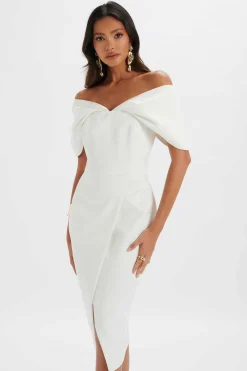 Harleen Draped Bardot Bonded Satin Midi Dress In White<Lavish Alice Fashion