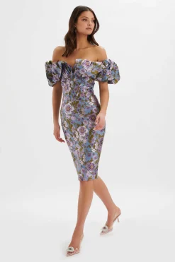 Harlow Jacquard Corset Puff Sleeve Midi Dress In Blue Purple<Lavish Alice New