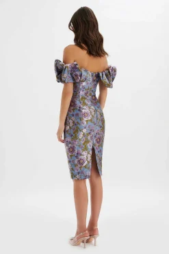 Harlow Jacquard Corset Puff Sleeve Midi Dress In Blue Purple<Lavish Alice New