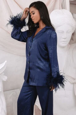 Helen Feather Trim Satin Jacquard Pyjama In Navy<Lavish Alice Clearance