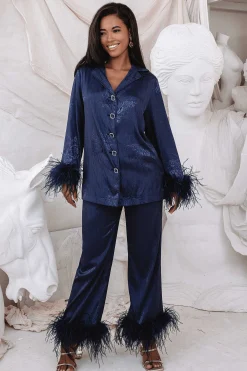 Helen Feather Trim Satin Jacquard Pyjama In Navy<Lavish Alice Clearance