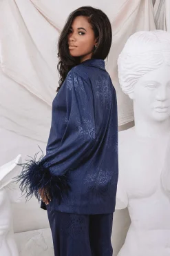 Helen Feather Trim Satin Jacquard Pyjama In Navy<Lavish Alice Clearance