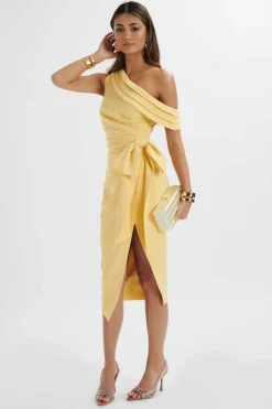 Honey Asymmetric Pleated Bow Midi Dress In Pastel Yellow<Lavish Alice Flash Sale