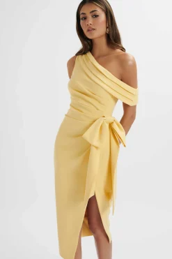 Honey Asymmetric Pleated Bow Midi Dress In Pastel Yellow<Lavish Alice Flash Sale
