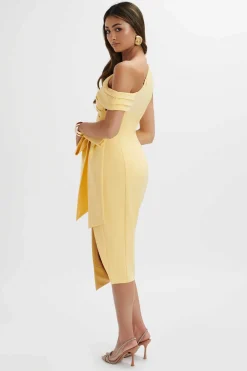 Honey Asymmetric Pleated Bow Midi Dress In Pastel Yellow<Lavish Alice Flash Sale