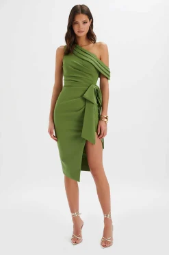 Honey Asymmetric Pleated Bow Midi Dress In Green<Lavish Alice Sale