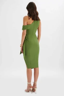 Honey Asymmetric Pleated Bow Midi Dress In Green<Lavish Alice Sale