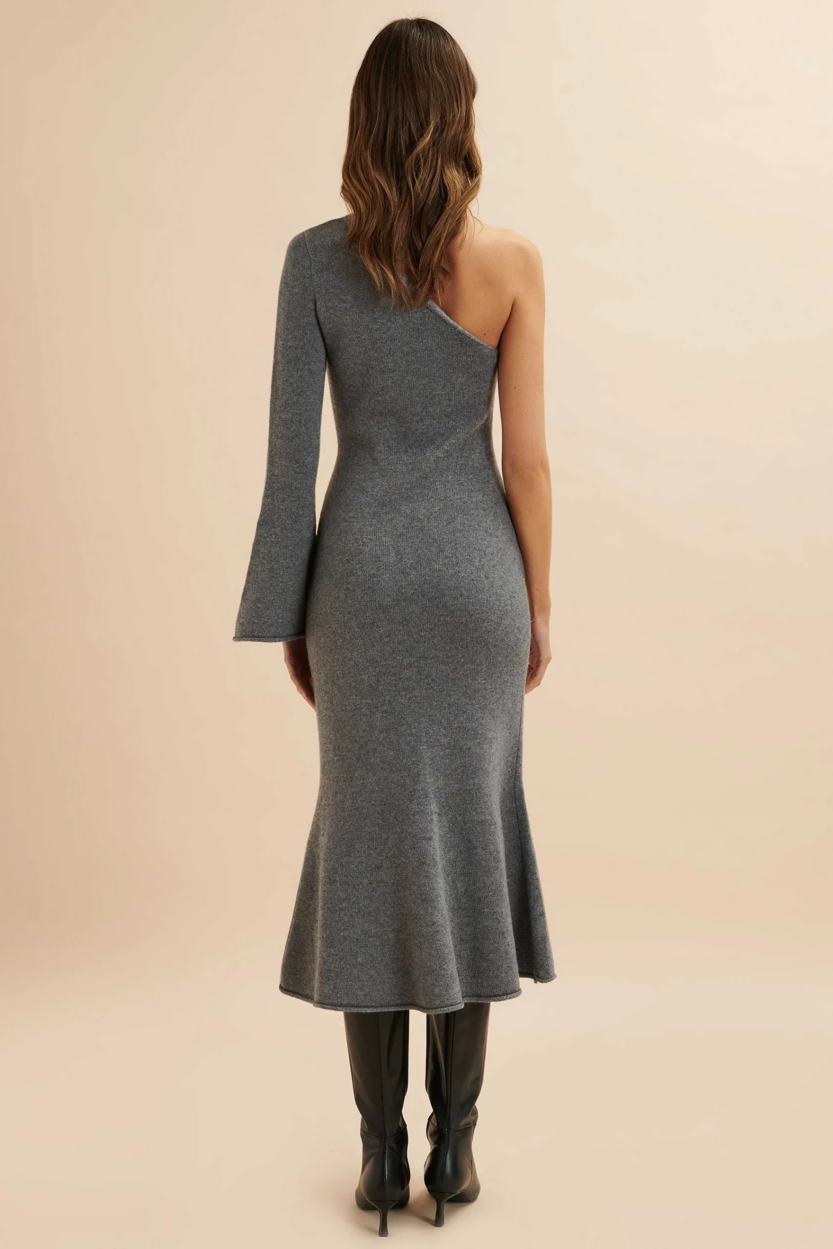 Huda Knitted Asymmetric Fit & Flare Midi Dress In Grey<Lavish Alice Flash Sale