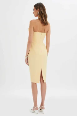 Imogene Asymmetric Pleated Frill Detail Midi Dress In Butter Yellow<Lavish Alice Store