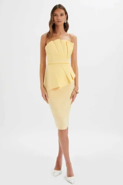 Imogene Asymmetric Pleated Frill Detail Midi Dress In Butter Yellow<Lavish Alice Store