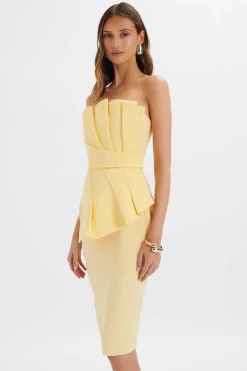 Imogene Asymmetric Pleated Frill Detail Midi Dress In Butter Yellow<Lavish Alice Store