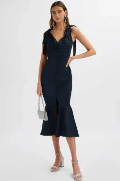 Indie Satin Cowl Neck Micro Button Longline Midi Dress In Navy<Lavish Alice New