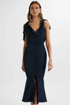 Indie Satin Cowl Neck Micro Button Longline Midi Dress In Navy<Lavish Alice New