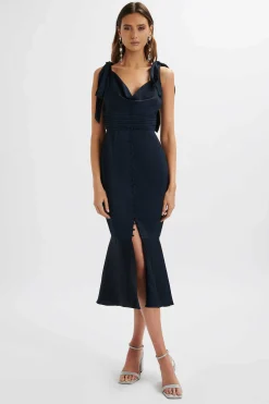 Indie Satin Cowl Neck Micro Button Longline Midi Dress In Navy<Lavish Alice New