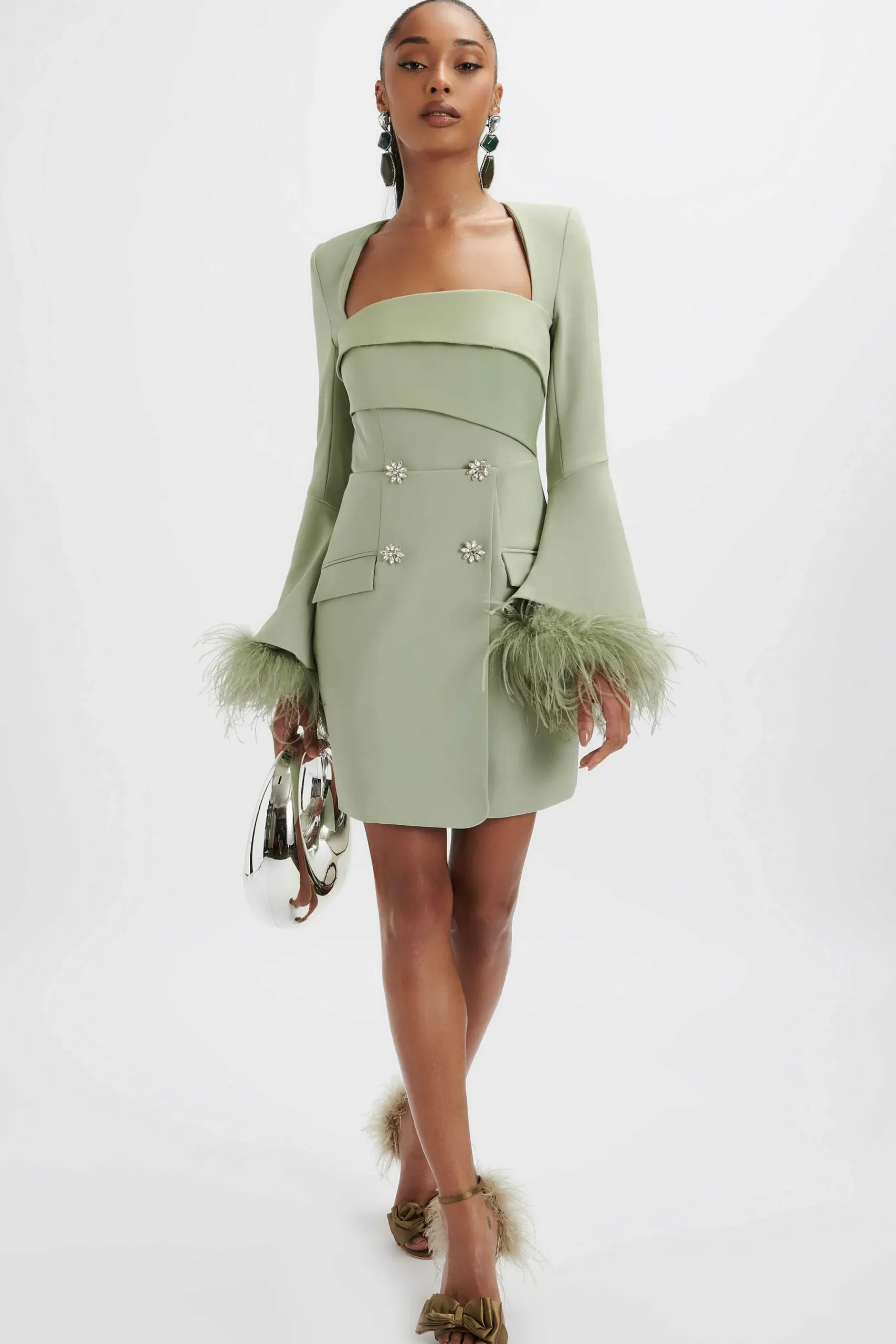 Iona Fluted Feather Sleeve Blazer Dress In Sage Green<Lavish Alice Cheap
