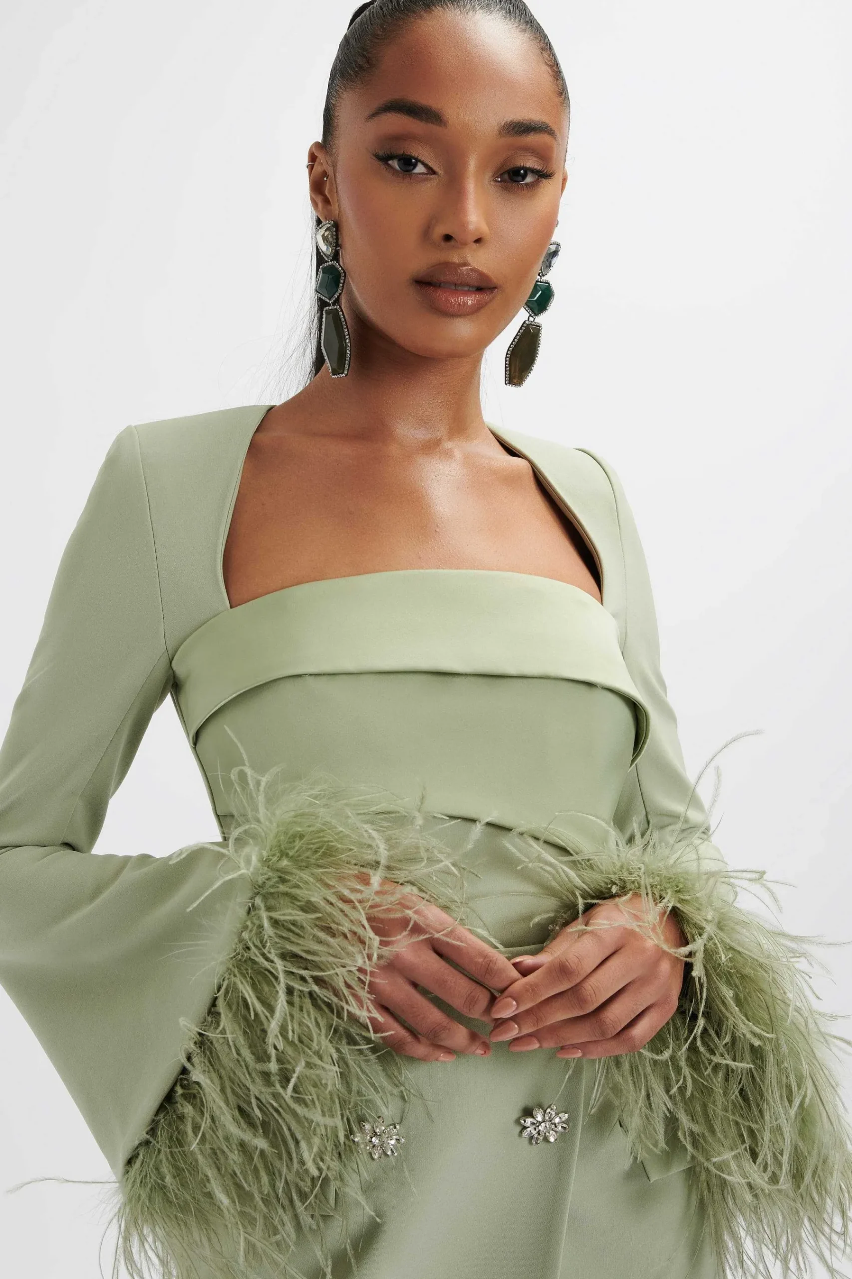 Iona Fluted Feather Sleeve Blazer Dress In Sage Green<Lavish Alice Cheap