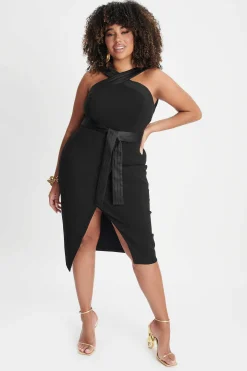 Isla Curve Satin Mix Cross Over Midi Dress In Black<Lavish Alice Fashion