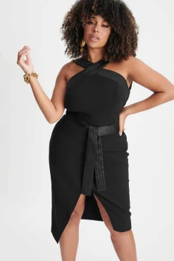 Isla Curve Satin Mix Cross Over Midi Dress In Black<Lavish Alice Fashion