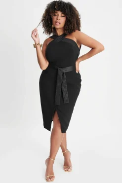 Isla Curve Satin Mix Cross Over Midi Dress In Black<Lavish Alice Fashion