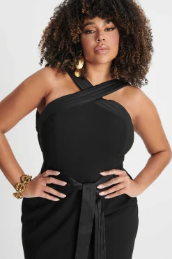 Isla Curve Satin Mix Cross Over Midi Dress In Black<Lavish Alice Fashion