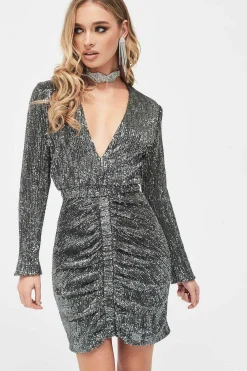 Jade Ruched Sequin Mini Dress In Grey Sequin<Lavish Alice Outlet