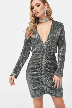 Jade Ruched Sequin Mini Dress In Grey Sequin<Lavish Alice Outlet
