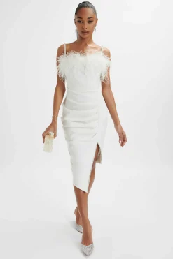 Jessica Feather Bandeau Pleated Midi Dress In White<Lavish Alice Store