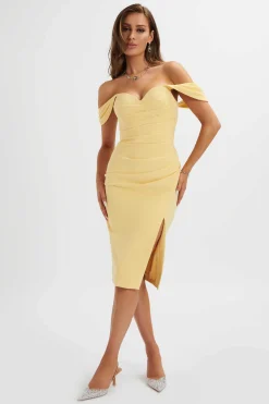 Julia Pleated Bardot Midi Dress In Yellow<Lavish Alice Clearance