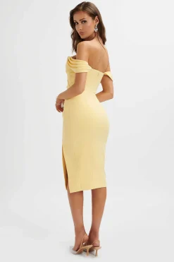 Julia Pleated Bardot Midi Dress In Yellow<Lavish Alice Clearance