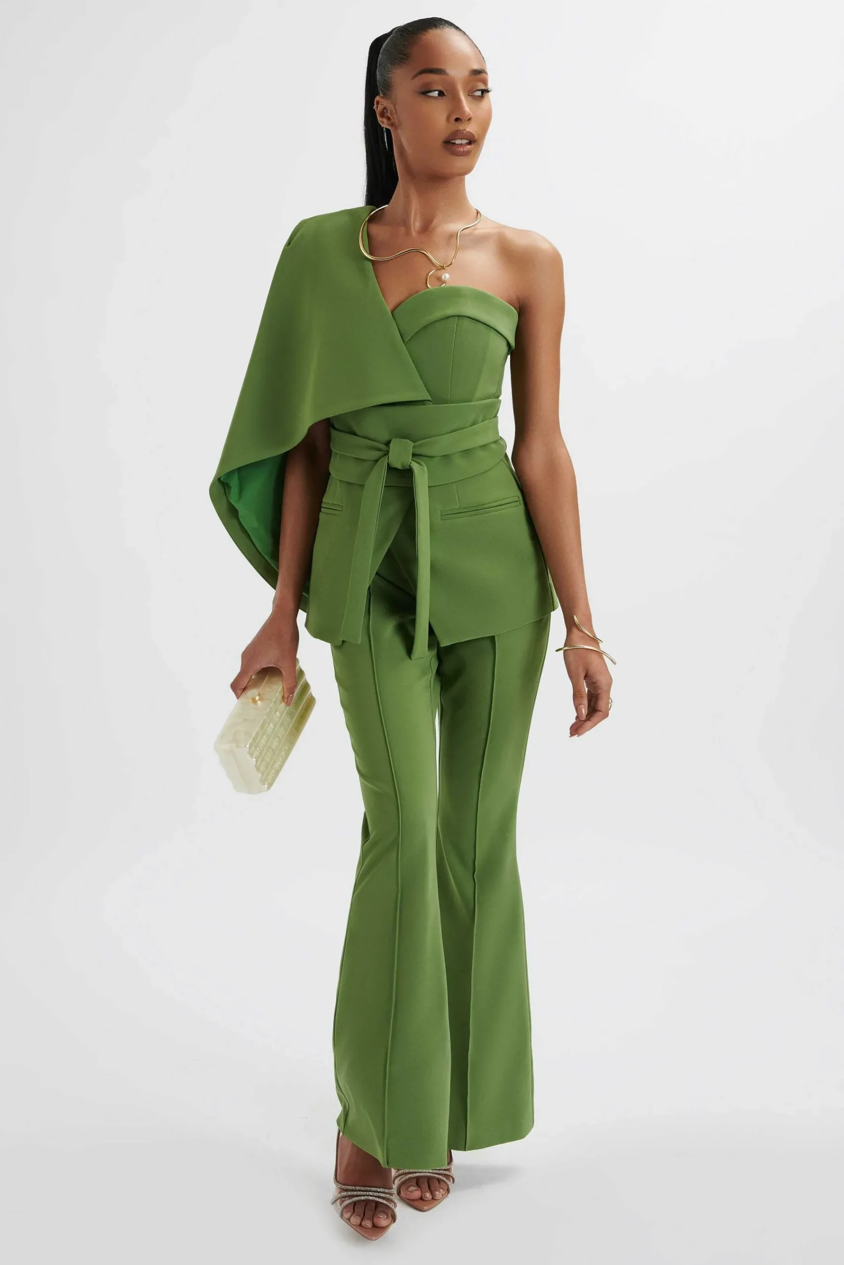 Juno Obi Belted Asymmetric Cape Blazer In Green<Lavish Alice Store
