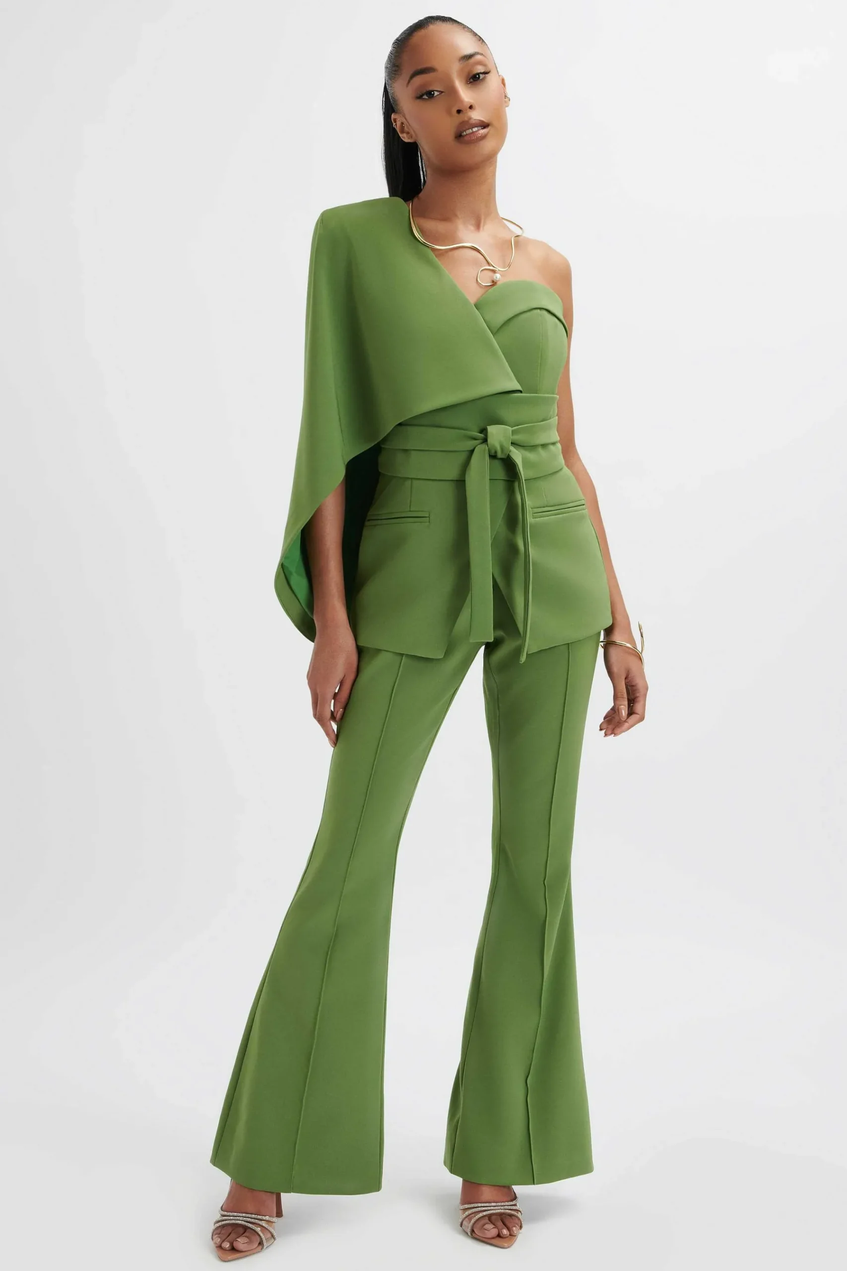 Juno Obi Belted Asymmetric Cape Blazer In Green<Lavish Alice Store