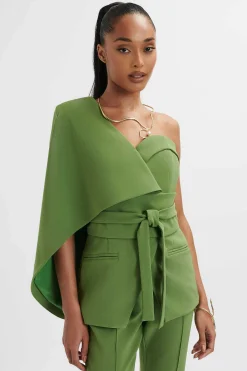 Juno Obi Belted Asymmetric Cape Blazer In Green<Lavish Alice Store