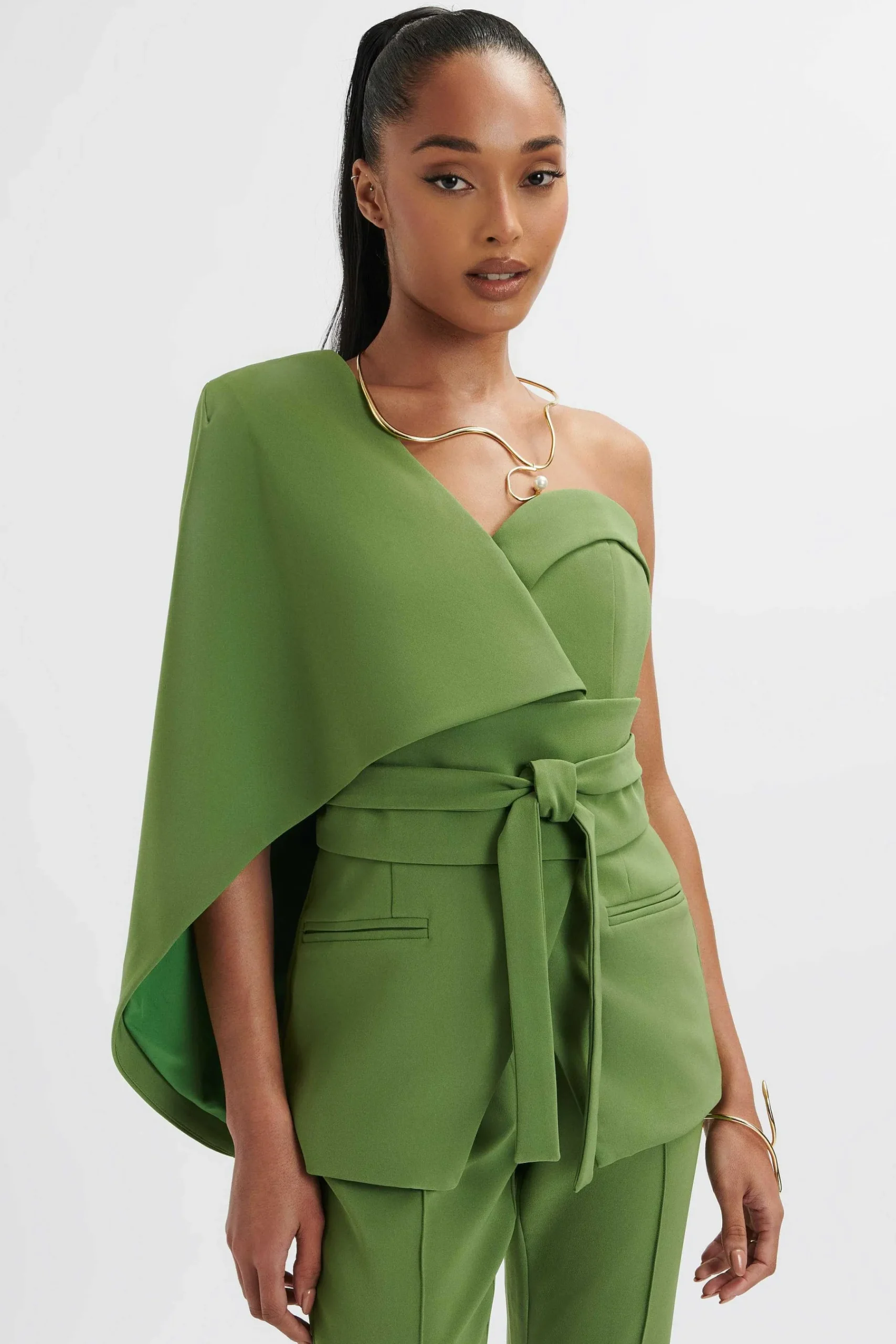 Juno Obi Belted Asymmetric Cape Blazer In Green<Lavish Alice Store