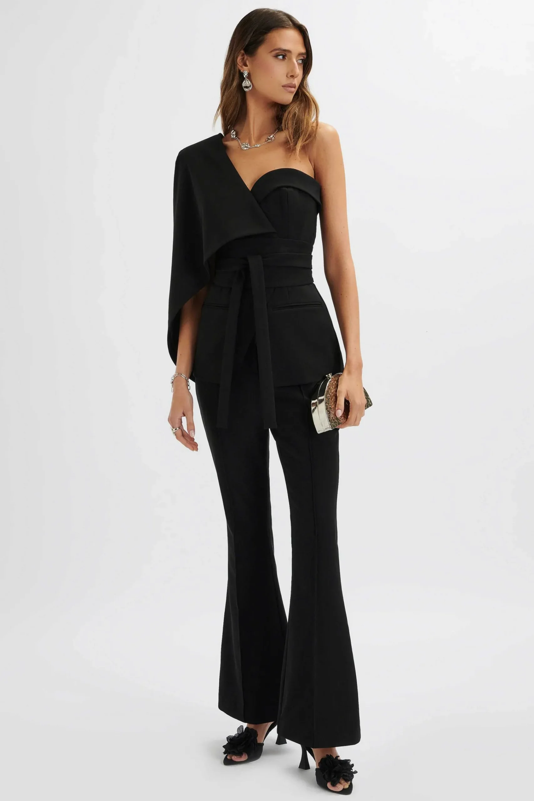 Juno Obi Belted Asymmetric Cape Blazer In Black<Lavish Alice Shop