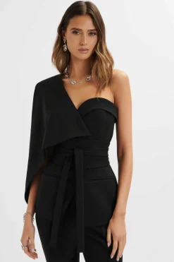 Juno Obi Belted Asymmetric Cape Blazer In Black<Lavish Alice Shop