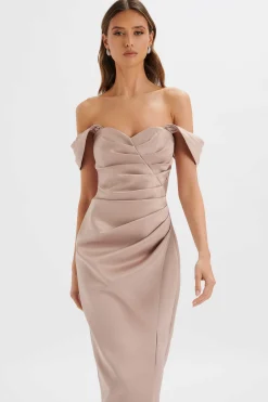 Kaitlin Bonded Satin Off Shoulder Maxi Dress In Mink<Lavish Alice Flash Sale