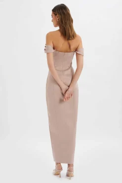 Kaitlin Bonded Satin Off Shoulder Maxi Dress In Mink<Lavish Alice Flash Sale