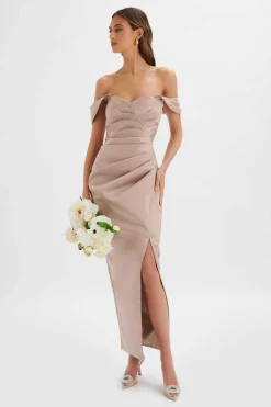 Kaitlin Bonded Satin Off Shoulder Maxi Dress In Mink<Lavish Alice Flash Sale