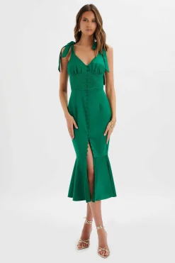 Kamila Tie Strap Micro Button Satin Midi Dress In Emerald Green<Lavish Alice Shop