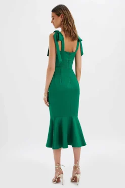 Kamila Tie Strap Micro Button Satin Midi Dress In Emerald Green<Lavish Alice Shop