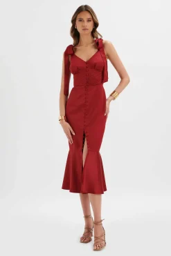 Kamila Tie Strap Micro Button Satin Midi Dress In Burgundy<Lavish Alice Clearance