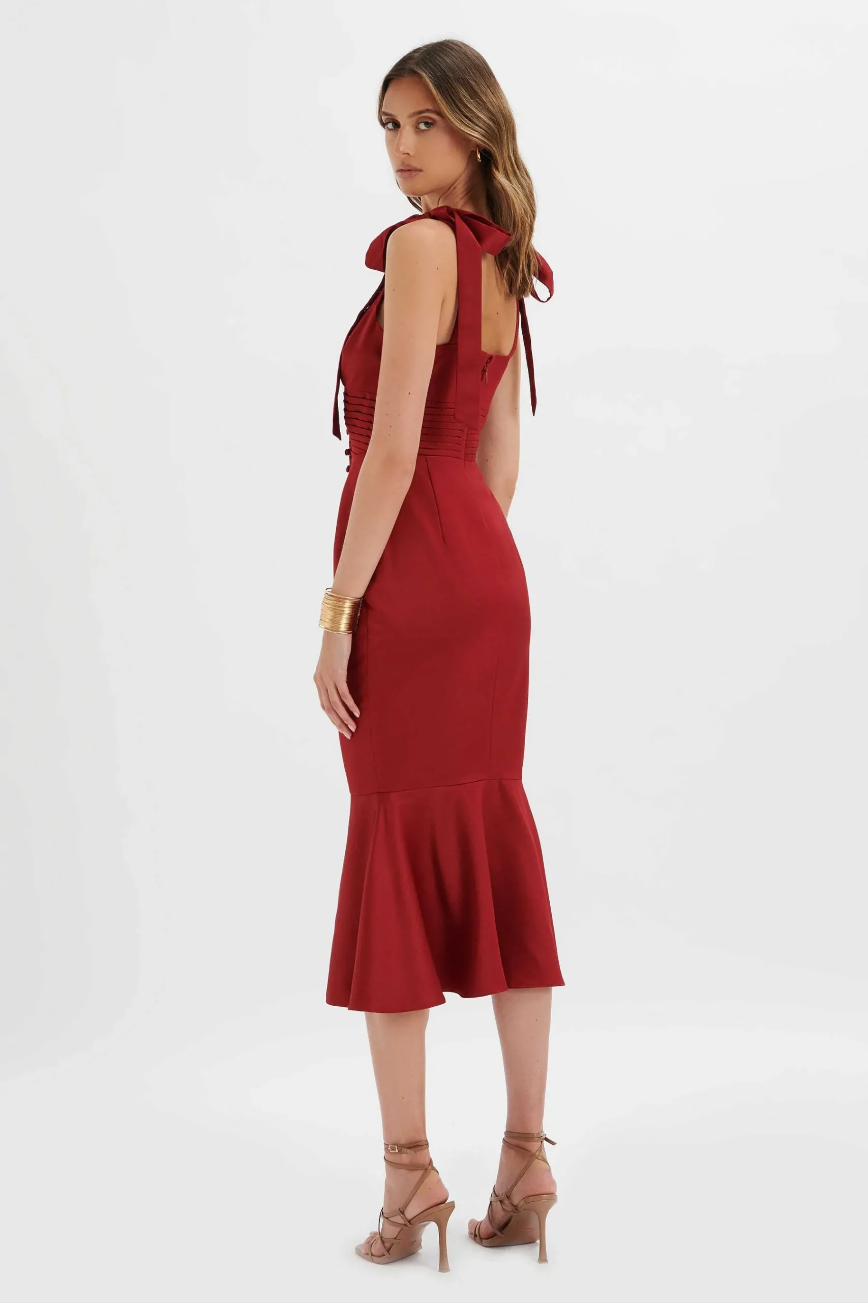 Kamila Tie Strap Micro Button Satin Midi Dress In Burgundy<Lavish Alice Clearance