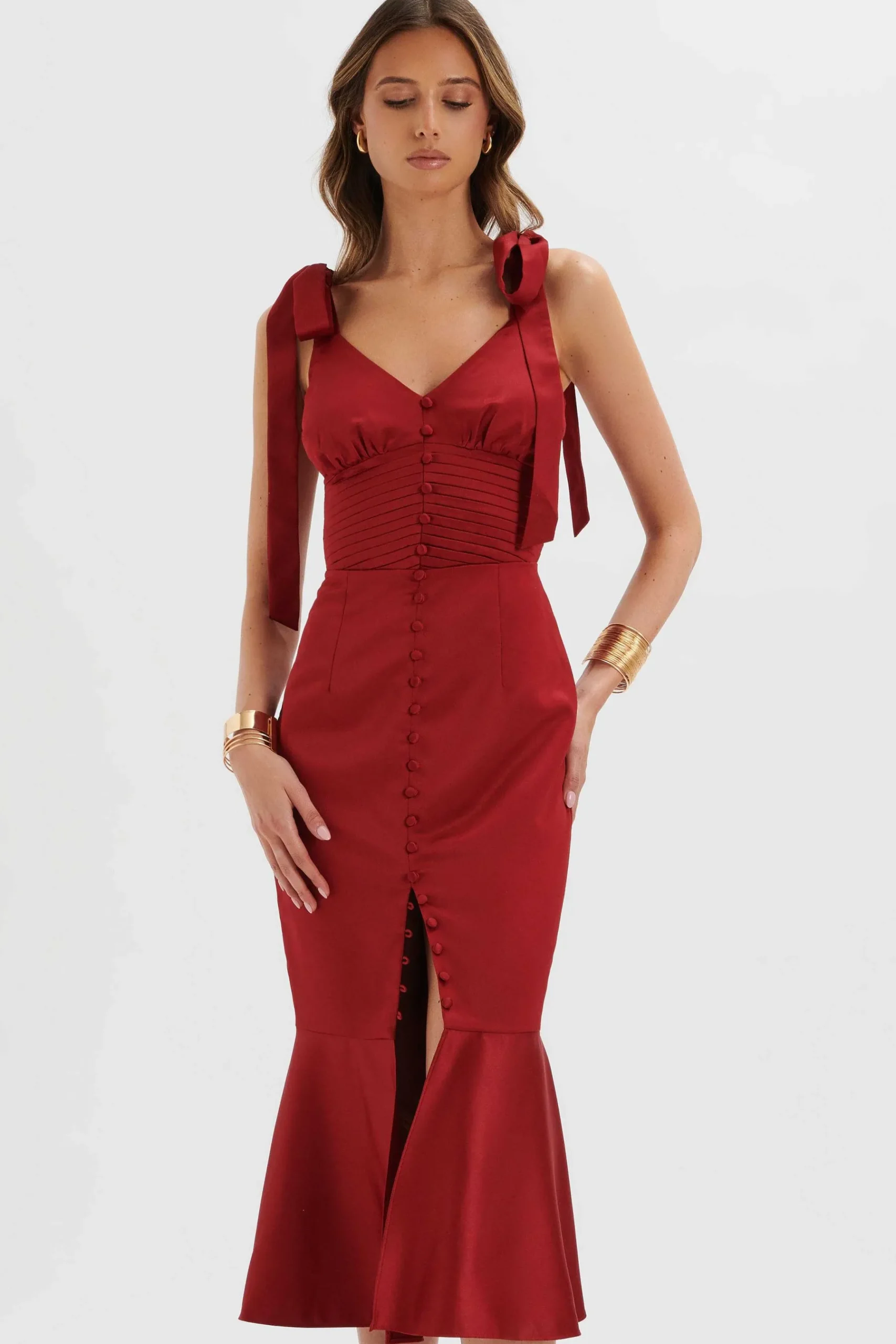 Kamila Tie Strap Micro Button Satin Midi Dress In Burgundy<Lavish Alice Clearance