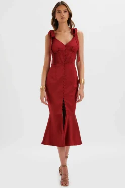 Kamila Tie Strap Micro Button Satin Midi Dress In Burgundy<Lavish Alice Clearance